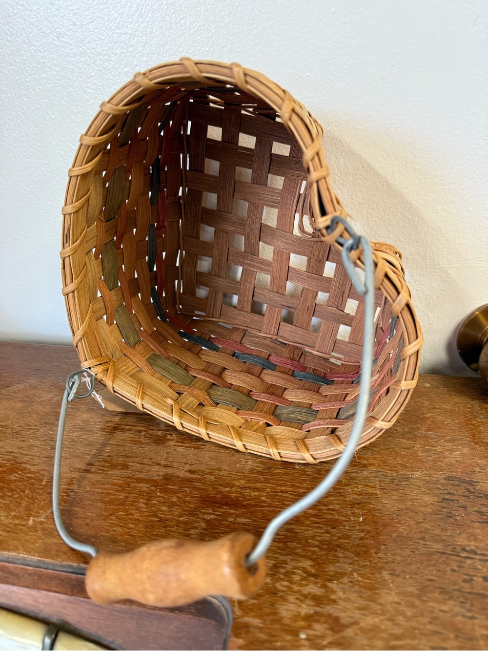 Vintage Heart Shaped Handwoven Basket w/ Wood Handle with painted stars